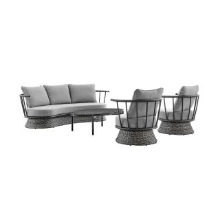 Armen Living Monk 4 Piece Outdoor Patio Furniture Set in Black Aluminum and Grey Wicker with Grey Cushions- MONKARM