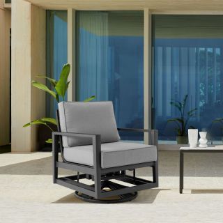 Armen Living Grand Black Aluminum Outdoor Swivel Glider Chair with Dark Gray Cushions- ARMSG