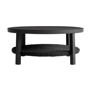 Armen Living Grand Black Aluminum Outdoor Round Conversation Table with Wicker Shelf- ARMRC