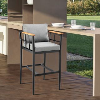 Armen Living Wiglaf Outdoor Patio Counter Height Bar Stool in Aluminum and Teak with Grey Cushions- ARMENWOP