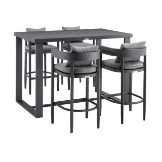 Armen Living Argiope Outdoor Patio 5-Piece Bar Table Set in Aluminum with Grey Cushions- ARMENOP5