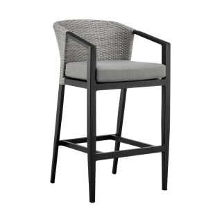 Armen Living Aileen Outdoor Patio Bar Stool in Aluminum and Wicker with Grey Cushions- ARMAOPB