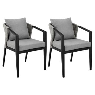 Armen Living Aileen Outdoor Patio Dining Chairs in Aluminum and Wicker with Grey Cushions - Set of 2- ARMAOP