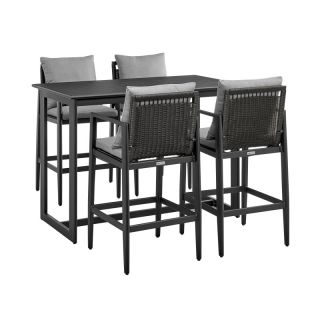 Armen Living Grand Outdoor Patio 5-Piece Bar Table Set in Aluminum with Grey Cushions- ARMENO5