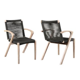 Armen Living Nabila Outdoor Light Eucalyptus Wood and Charcoal Rope Dining Chairs - Set of 2- ARMLEUC
