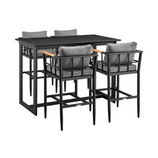 Armen Living Wiglaf Outdoor Patio 5-Piece Bar Table Set in Aluminum with Grey Cushions- ARMENOP