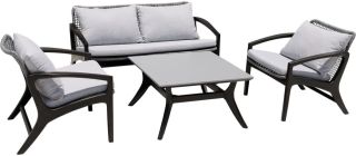 Armen Living Brighton 4 Piece Outdoor Patio Seating Set in Dark Eucalyptus Wood with Grey Rope and White Cushions- DEUCARM