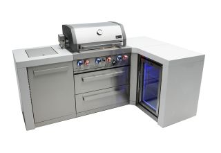 Mont Alpi 400 Deluxe 90 Degree Propane Gas Island Grill W/ Refrigerator Cabinet, Infrared Side Burner, &amp; Rotisserie Kit - MAi400-D90FC