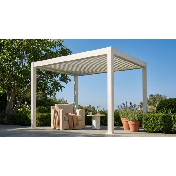 Pergola Cave - Sunkisser 1 Premium Louvered Pergola — 10' × 6'5” Sandy White - PC-SK1-10X6-WHT