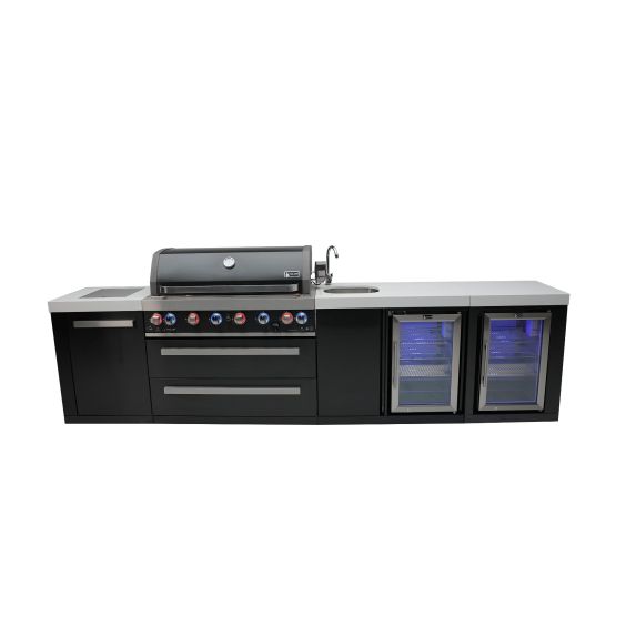 Mont Alpi 805 Deluxe Propane Gas Island Grill W/ Beverage Center, Refrigerator Cabinet, Infrared Side Burner, & Rotisserie Kit - Black Stainless Steel - MAi805-BSSBEVFC
