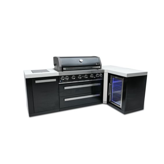 Mont Alpi 805 Deluxe 90 Degree Propane Gas Island Grill W/ Refrigerator Cabinet, Infrared Side Burner, & Rotisserie Kit - Black Stainless Steel - MAi805-BSS90FC