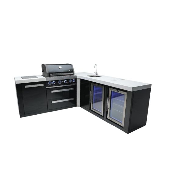 Mont Alpi 400 Black Stainless Steel Island with a 90 Degree Corner, Beverage center and Fridge Cabinet - MAi400-BSS90BEVFC