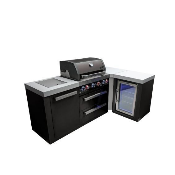 Mont Alpi 4-Burner Black Stainless Steel Island with 90-Degree Corner and Fridge Cabinet - MAi400-BSS90FC