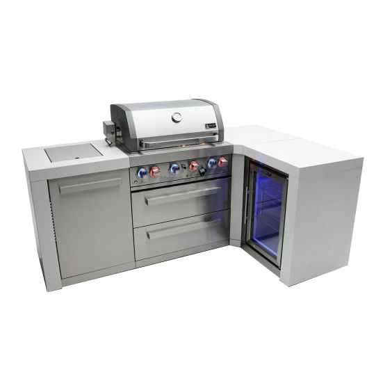 Mont Alpi 400 Deluxe 90 Degree Propane Gas Island Grill W/ Refrigerator Cabinet, Infrared Side Burner, & Rotisserie Kit - MAi400-D90FC