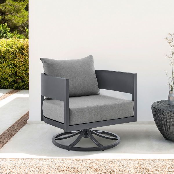 Armen Living Argiope Outdoor Patio Swivel Rocking Chair in Grey Aluminum with Cushions- ARGIOSRARM