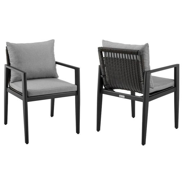Armen Living Grand Outdoor Patio Dining Chairs with Arms in Aluminum with Grey Cushions - Set of 2- ARGPDCA
