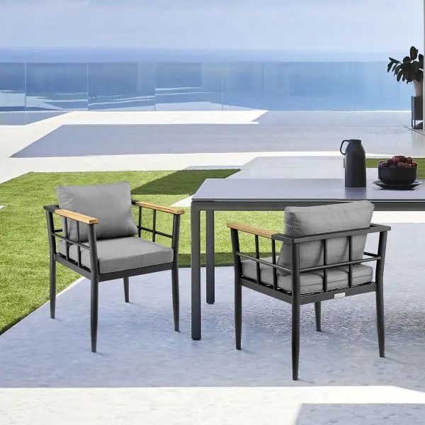 Armen Living Beowulf Outdoor Patio Dining Chair in Aluminum and Teak with Grey Cushions Set of 2 ARMBO Barbeques Galore