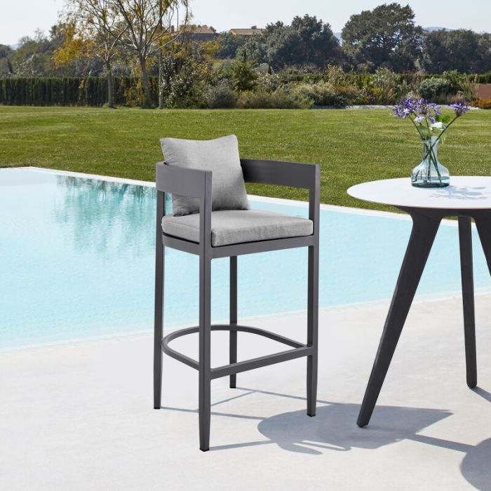 Armen Living Argiope Outdoor Patio Bar Stool in Aluminum with Grey Cushions- ARMAGR