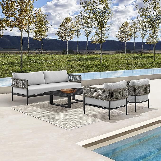 Felicia 4 Piece Outdoor Black Aluminum & Rope Conversation Set with Light Gray Fabric Cushions- ARMFEL