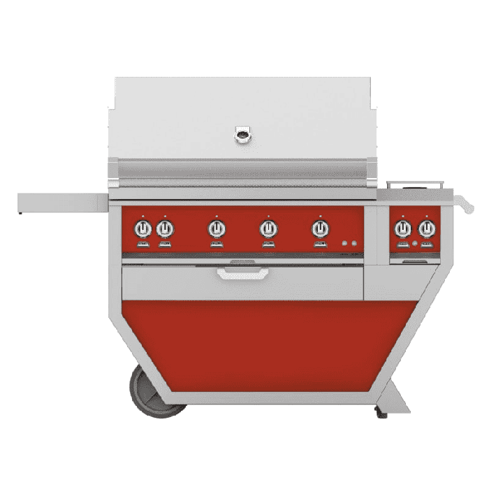 Hestan 42" Freestanding Grill with Trellis, Rotisserie, and Double Side Burners-Red-Propane