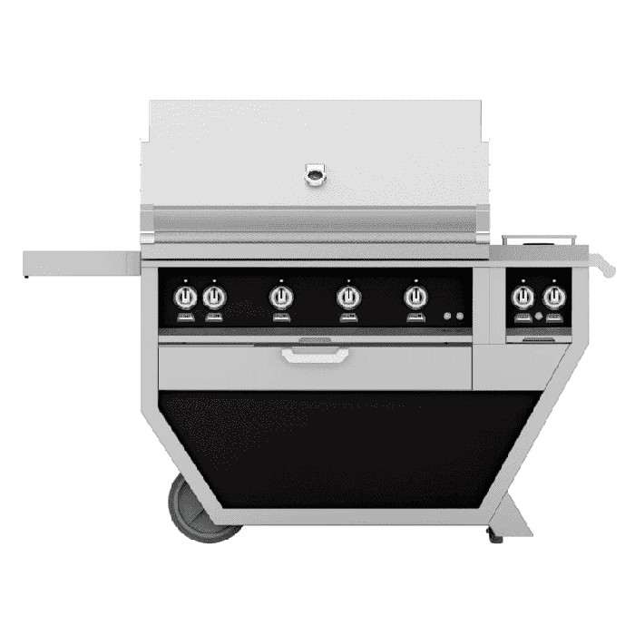 Hestan 42" Freestanding Grill with Trellis, Sear, Rotisserie, and Deluxe Cart w/ Double Side Burner-Black-Propane