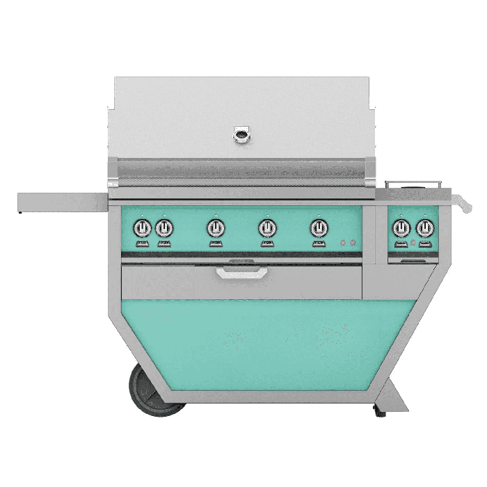 Hestan 42" Freestanding Grill with Trellis, Sear, Rotisserie, and Deluxe Cart w/ Double Side Burner-Turquoise-Propane