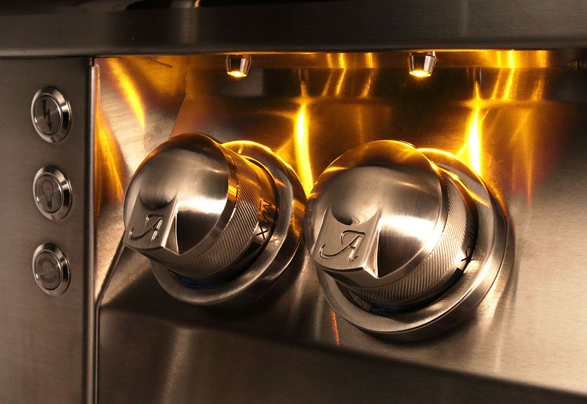 Full stainless steel outdoor grill with side shelves and four knobs on the front panel