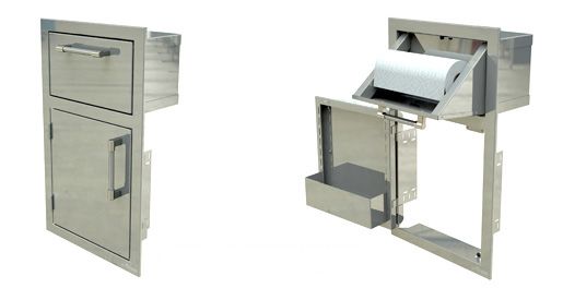 Stainless steel cabinet with drawer and door, and paper towel holder