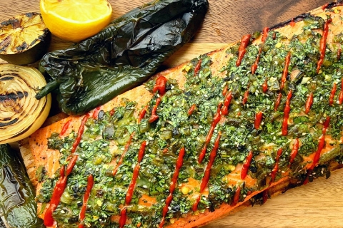 Grilled Cedar Plank Salmon With A Fire Roasted Jalapeno And Sesame Salsa